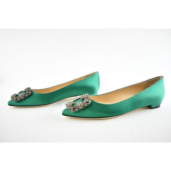 Manolo Blahnik Hangisi Emerald Green Satin Jewel Buckle Ballerina Ballet Flat 37 - Picture 10 of 12